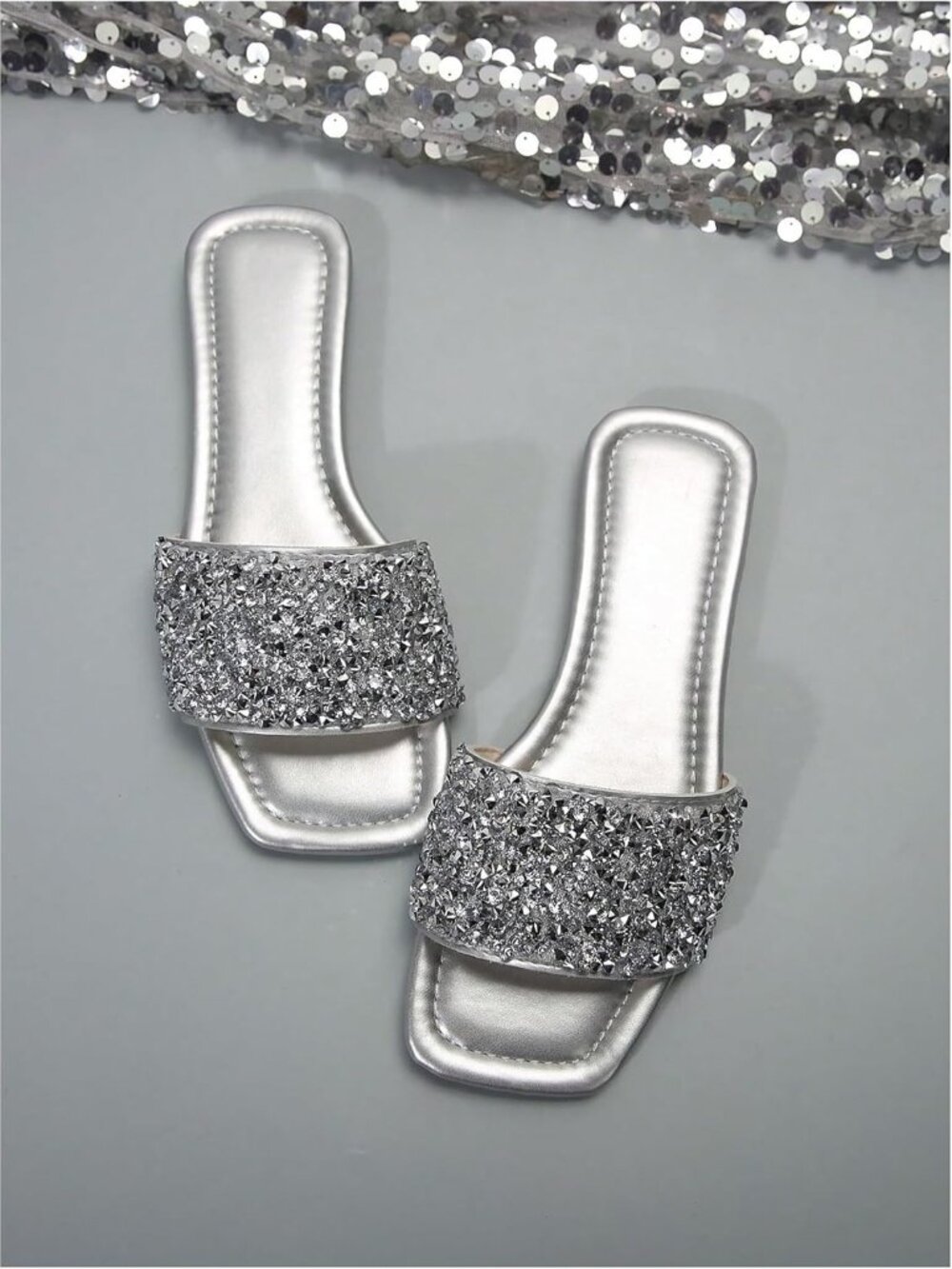 🆕Women's Silver Sparkly Flat Sandals Dressy Open Toe Glitter Shiny Slippers